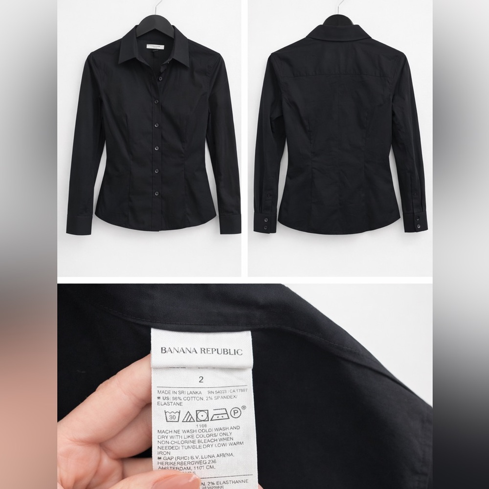Banana Republic Black Fitted Button-Front Blouse | Stretch Cotton | Size 2